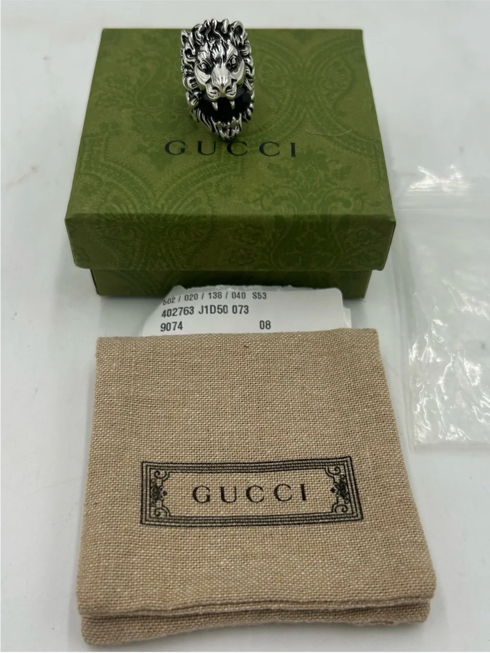 Unisex, Gucci, Lionhead, silver metal motif ring size 4 black Crystal made Italy